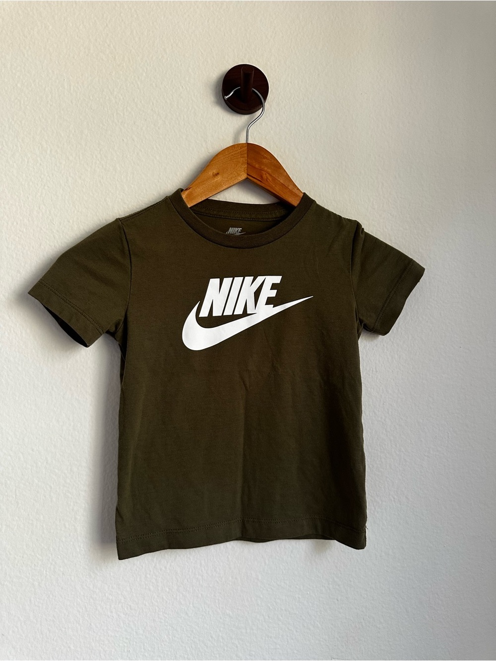 Nike Olive Green Kids Logo Tee with White Swoosh